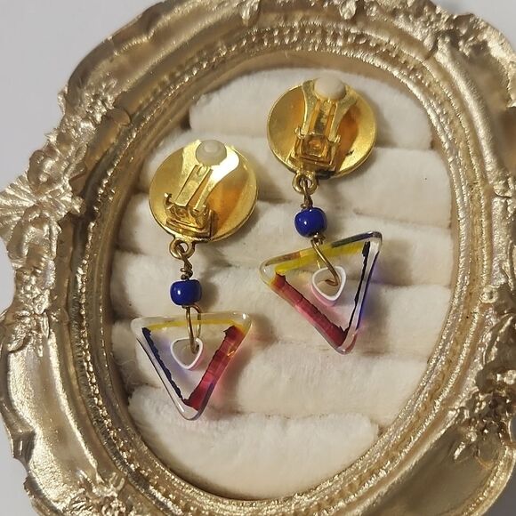 Matte Gold Clip On Earrings with Multicolor Glass Accent Drop - Picture 3 of 6